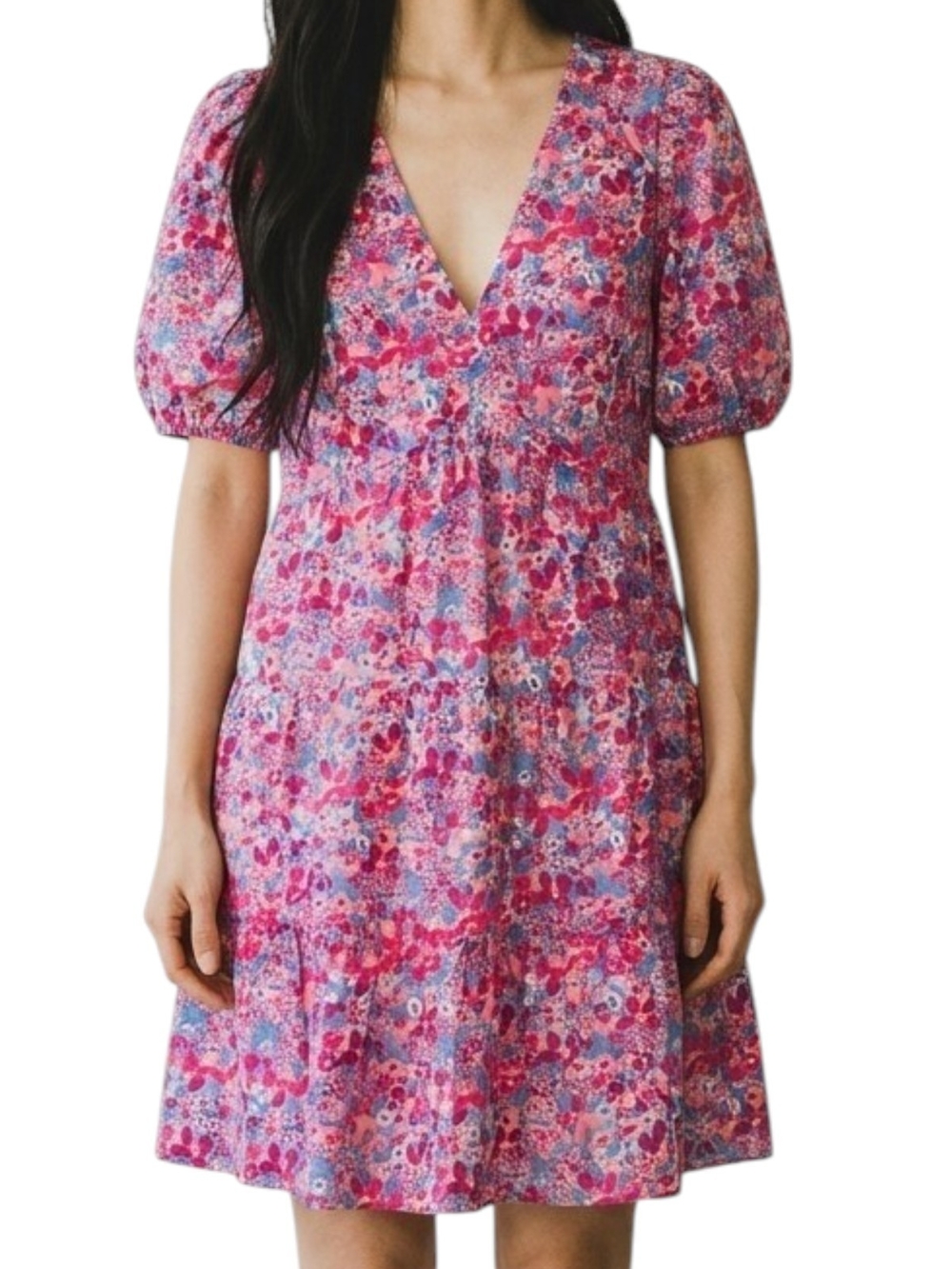 Lilly Pulitzer Pink Floral V-Neck Puff Sleeve Mini Dress Size 8